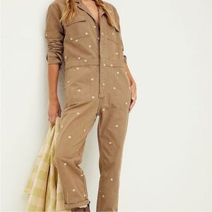 Free People Tan Jumpsuit with Floral Embroidery